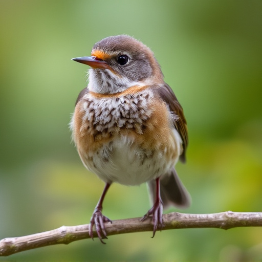 Juvenile robin with speckled chest feathers