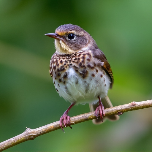 Juvenile robin with speckled chest feathers