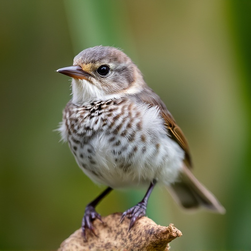 Juvenile robin with speckled chest feathers