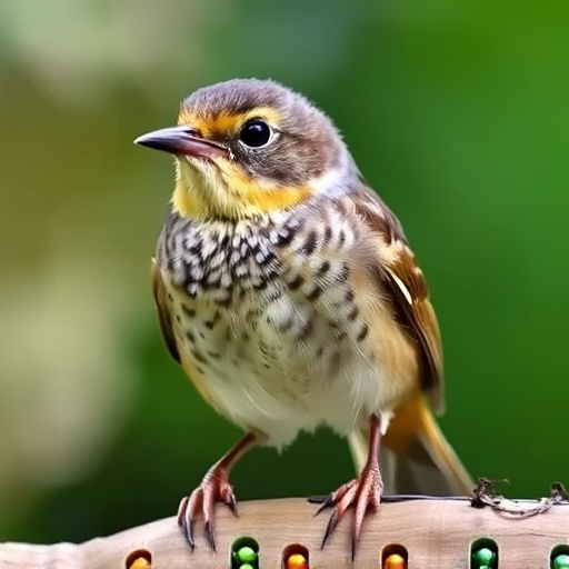 Juvenile robin with speckled chest feathers