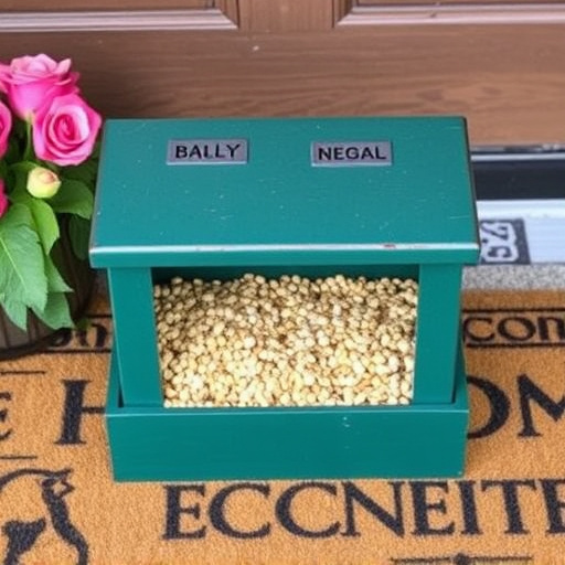 Labeled bird food box on welcome mat