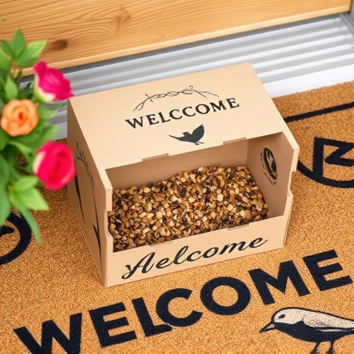 Labeled bird food box on welcome mat