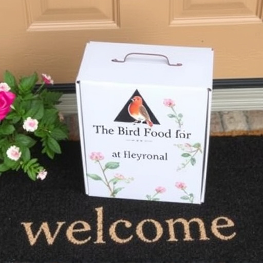 Labeled bird food box on welcome mat