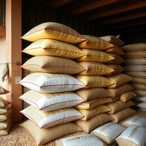 Large sacks of bird food stacked neatly