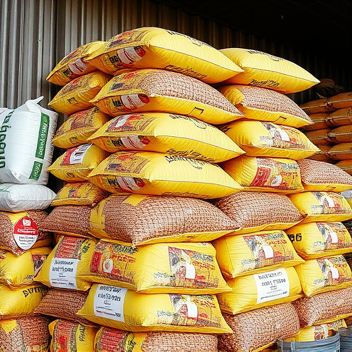 Large sacks of bird food stacked neatly