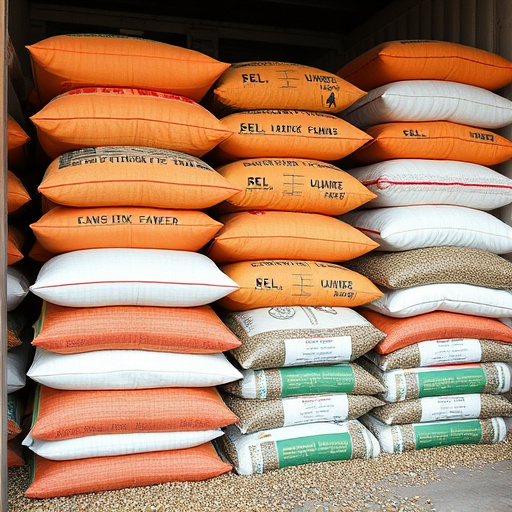 Large sacks of bird food stacked neatly