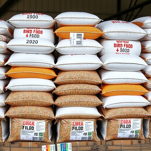 Large sacks of bird food stacked neatly
