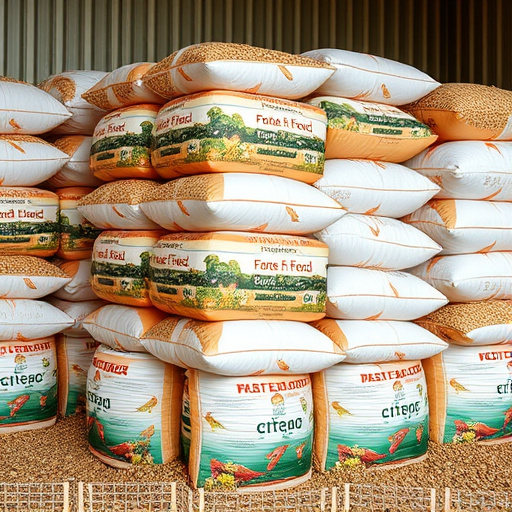 Large sacks of bird food stacked neatly