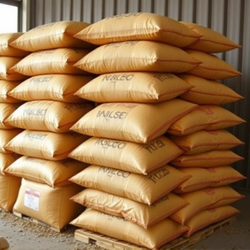 Large sacks of bird food stacked neatly