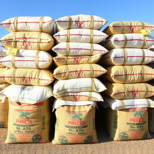 Large sacks of bird food stacked neatly