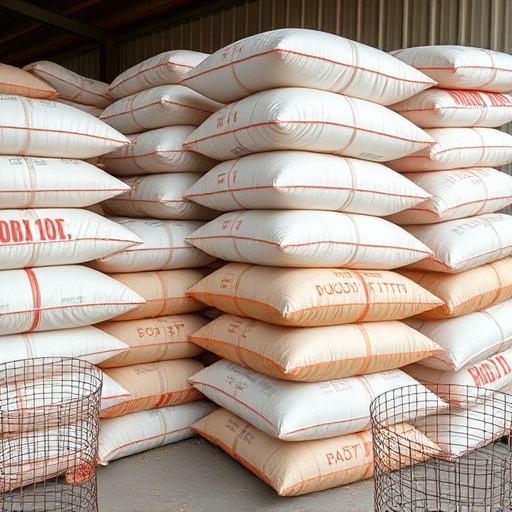 Large sacks of bird food stacked neatly