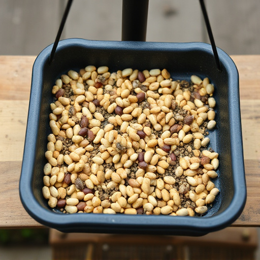 Low feeder tray with scattered seeds