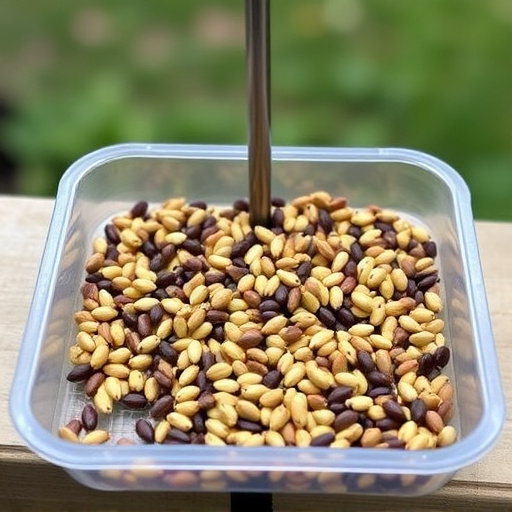 Low feeder tray with scattered seeds