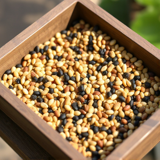 Low feeder tray with scattered seeds