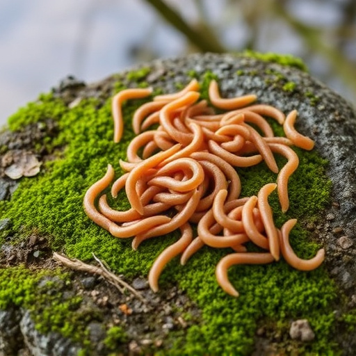 Mealworms scattered on mossy stone perch