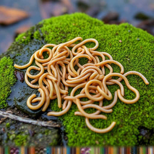 Mealworms scattered on mossy stone perch
