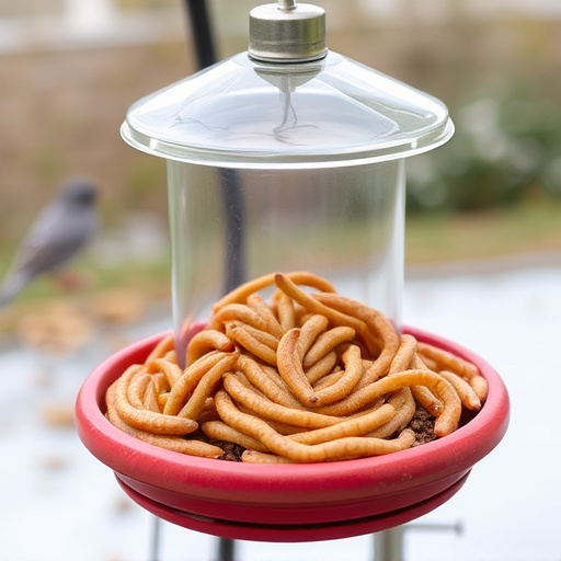 Mealworms served in low bird feeder