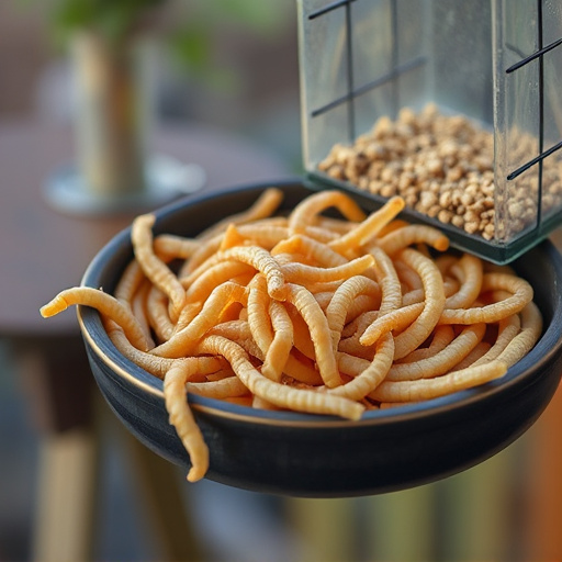 Mealworms served in low bird feeder