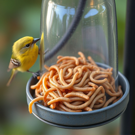 Mealworms served in low bird feeder