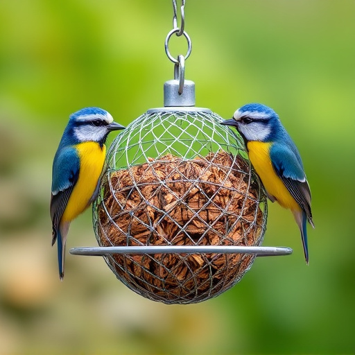 Mesh fat ball feeder with blue tits