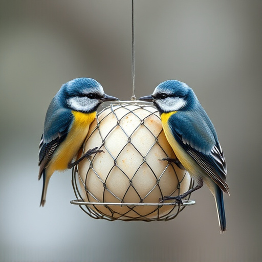 Mesh fat ball feeder with blue tits