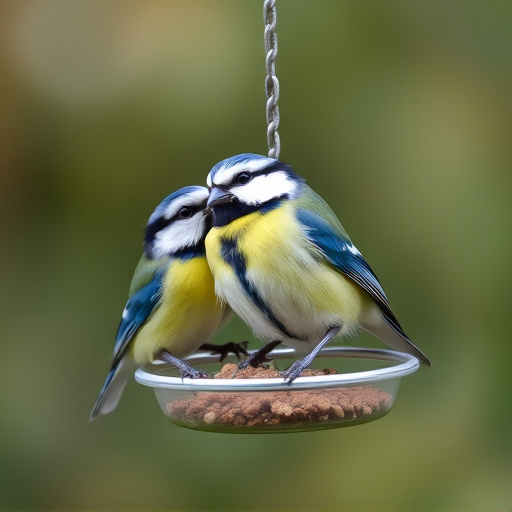 Mesh fat ball feeder with blue tits
