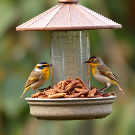 Mesh feeder with wrens and mealworms