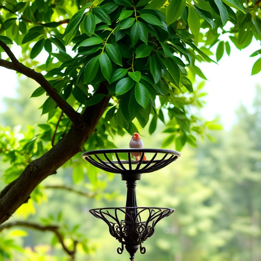 Metal bird bath under leafy tree canopy