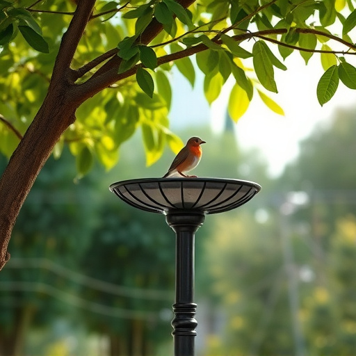 Metal bird bath under leafy tree canopy