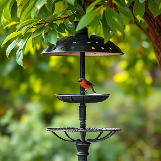 Metal bird bath under leafy tree canopy
