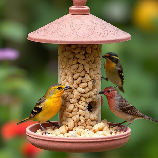 Mixed garden birds eating from peanut feeder