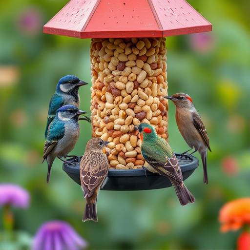 Mixed garden birds eating from peanut feeder