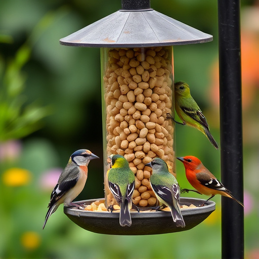 Mixed garden birds eating from peanut feeder
