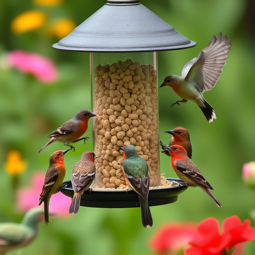 Mixed garden birds eating from peanut feeder