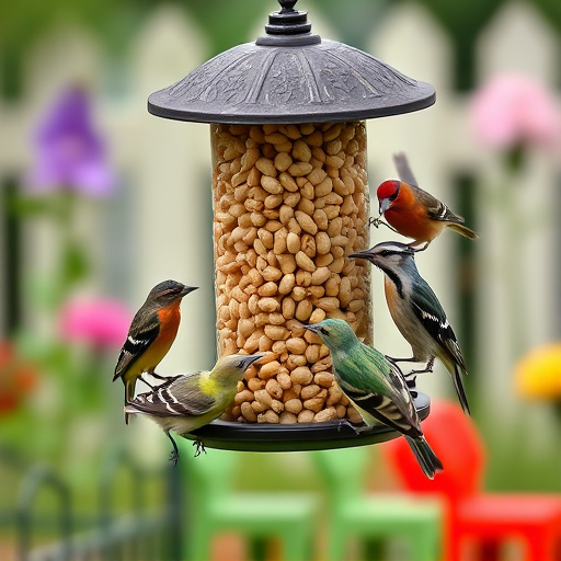 Mixed garden birds eating from peanut feeder