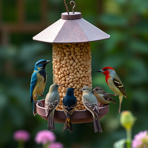 Mixed garden birds eating from peanut feeder