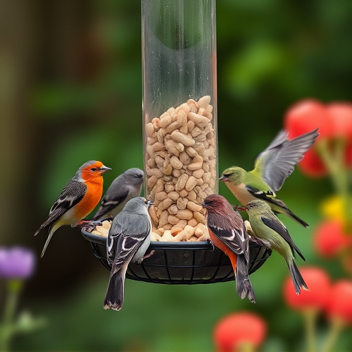 Mixed garden birds eating from peanut feeder