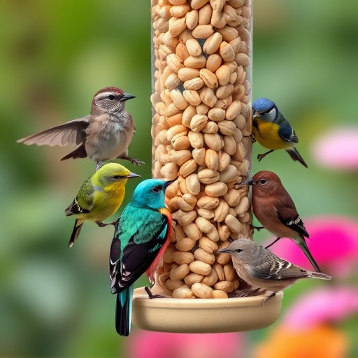 Mixed garden birds eating from peanut feeder