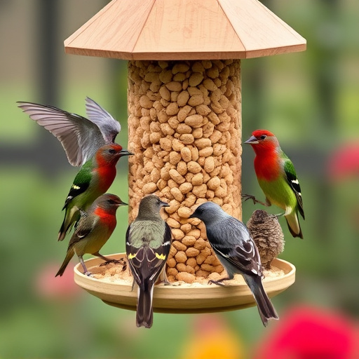 Mixed garden birds eating from peanut feeder
