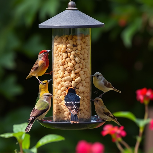 Mixed garden birds eating from peanut feeder