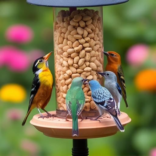 Mixed garden birds eating from peanut feeder