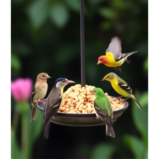 Mixed garden birds eating from peanut feeder