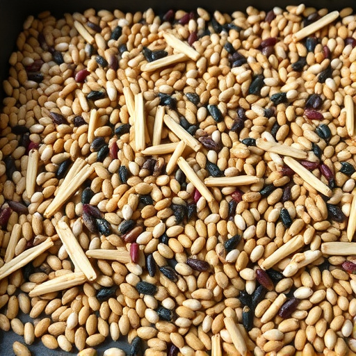 Mixed seed scattered on feeding tray