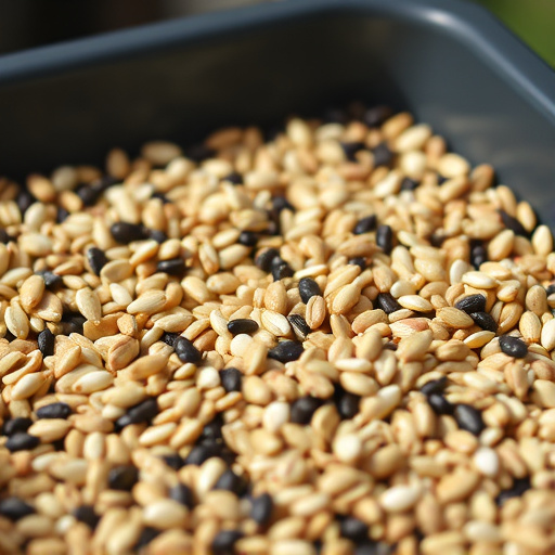 Mixed seed scattered on feeding tray