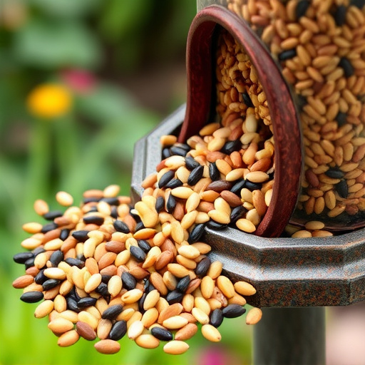 Mixed seeds spilled on garden feeder
