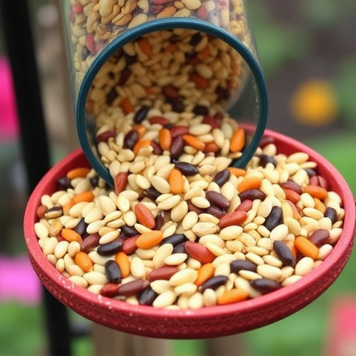 Mixed seeds spilled on garden feeder