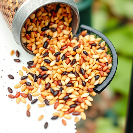 Mixed seeds spilled on garden feeder