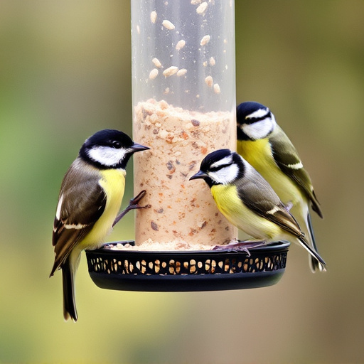 Mixed tits feeding on hanging suet feeder