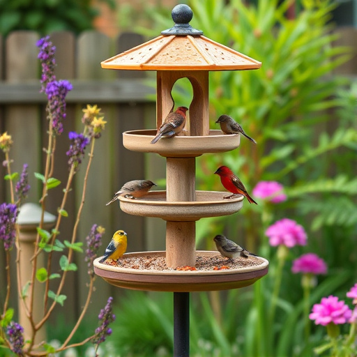 Multi-level bird feeding station in garden
