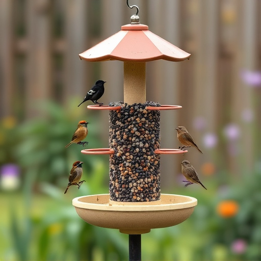 Multi-level bird feeding station in garden